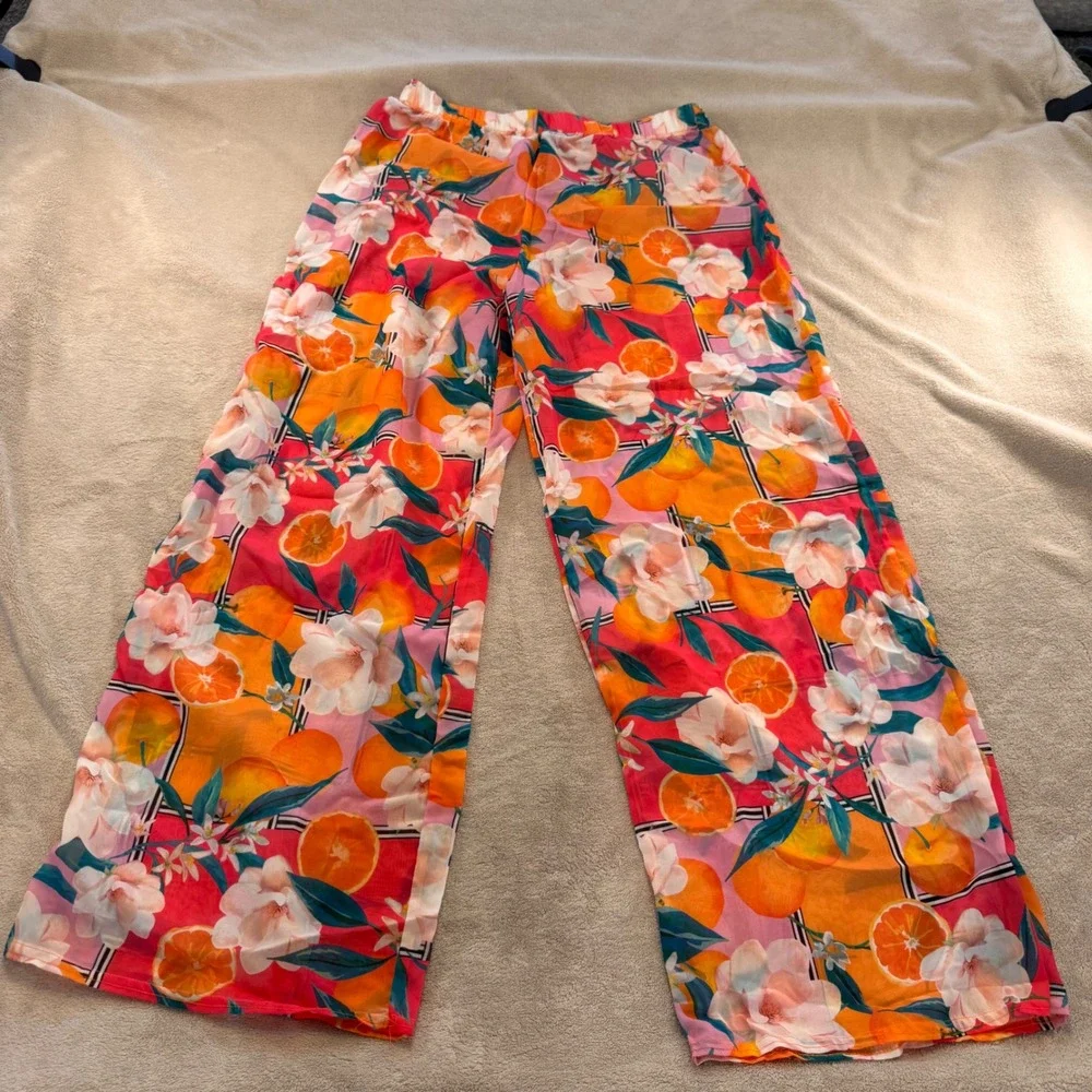 Boohoo Floral Citrus Print Wide Leg Sheer Beach Trousers Tropical Summer Sz 12 - Picture 2 of 12